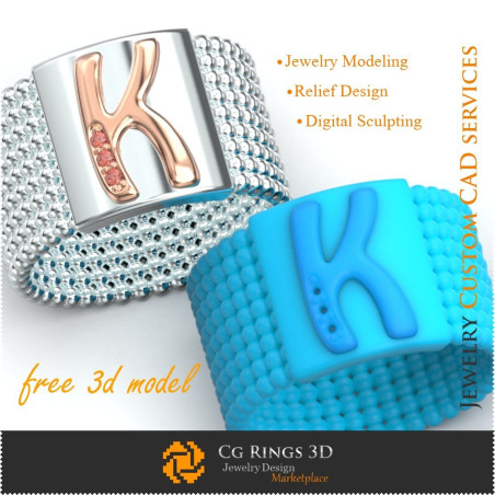 Ring With Letter K - Free 3D Jewelry Home,  Jewelry 3D CAD, Free 3D Jewelry, Rings 3D CAD , Wedding Bands 3D, Eternity Bands 3D,