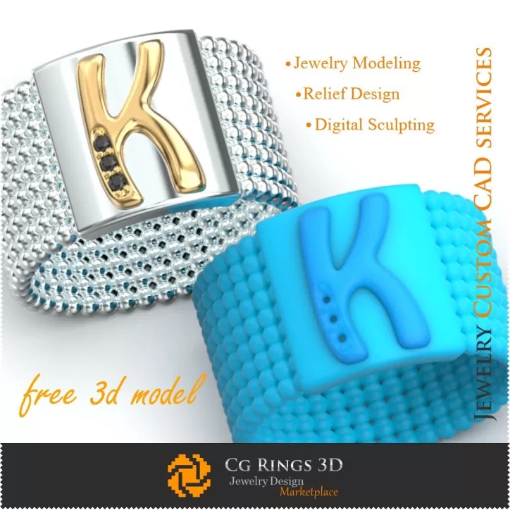 Anillo con la letra K - Joyería 3D gratuita