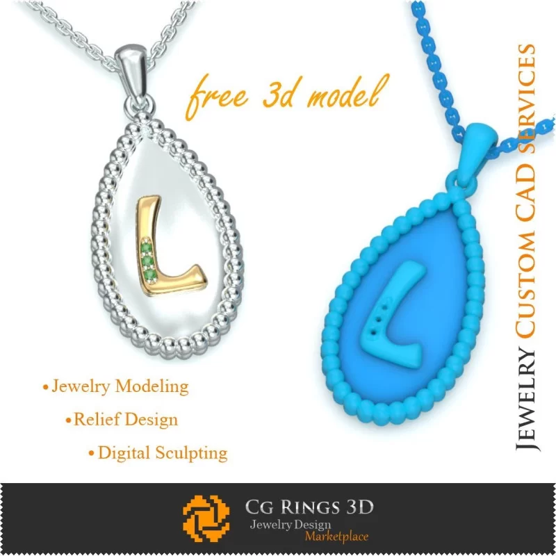 Pendant With Letter L - Free 3D CAD Jewelry Home, Jewelry 3D CAD, Free 3D Jewelry, Pendants 3D CAD , 3D Letter Pendants, 3D Bal