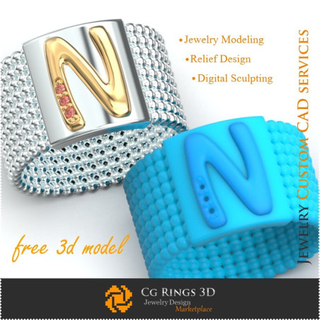 Inel cu Litera N - Bijuterii 3D Gratuite Home, Bijuterii 3D , Bijuterii Gratuite 3D, Inele 3D CAD, Verighete 3D, Inele Prieteni 