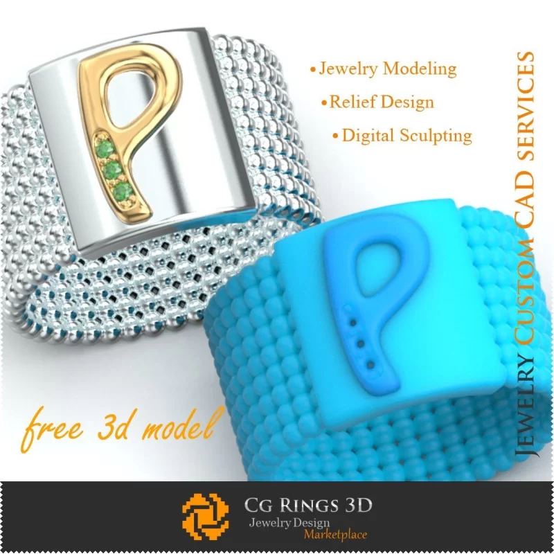 Ring With Letter P - Free 3D Jewelry Home, Jewelry 3D CAD, Free 3D Jewelry, Rings 3D CAD , Wedding Bands 3D, Eternity Bands 3D,