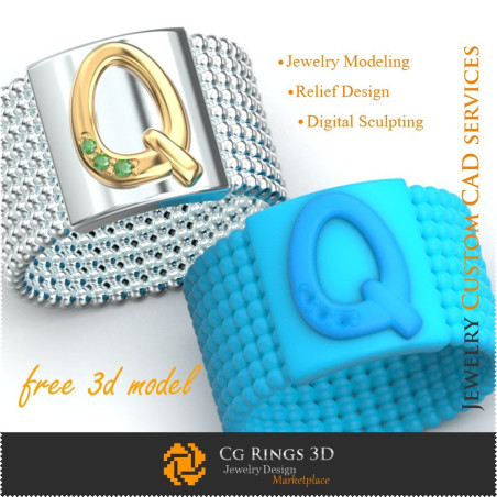 Inel cu Litera Q - Bijuterii 3D Gratuite Home, Bijuterii 3D , Bijuterii Gratuite 3D, Inele 3D CAD, Pandative 3D CAD, Verighete 3