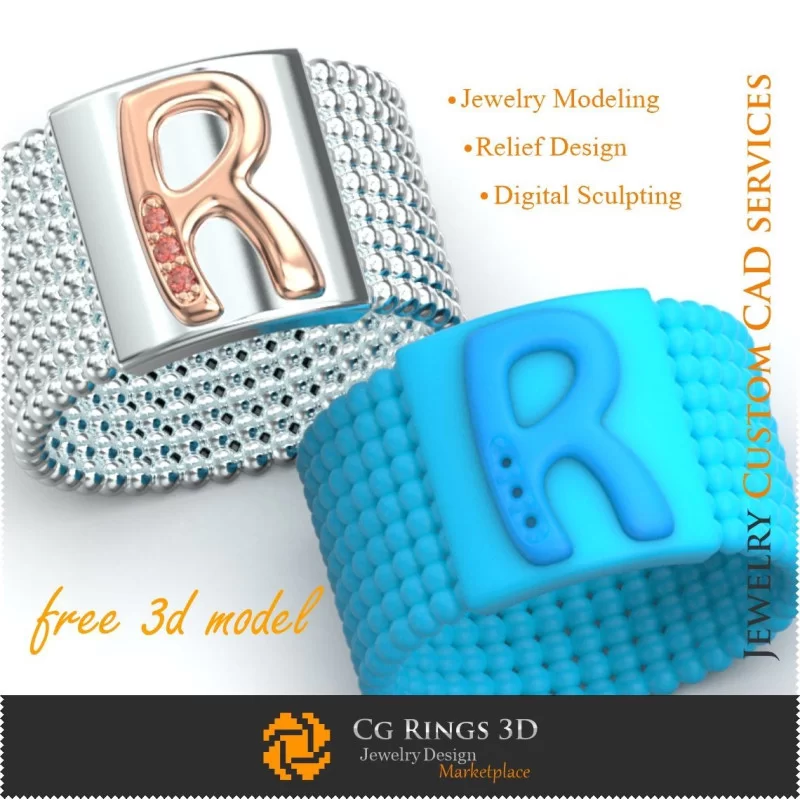 Ring With Letter R - Free 3D Jewelry Home, Jewelry 3D CAD, Free 3D Jewelry, Rings 3D CAD , Wedding Bands 3D, Eternity Bands 3D,