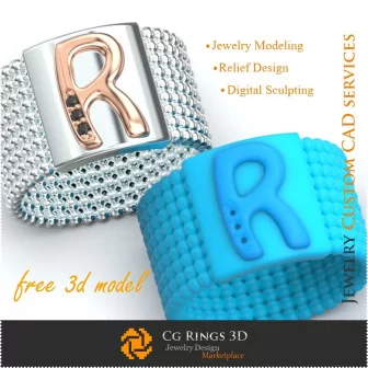 Ring mit Buchstabe R - Kostenlose 3D-Schmuckvorlage, 3D-Schmuck-CAD, kostenlose 3D-Schmuckmodelle, Ringe 3D-CAD, Eheringe 3D,
