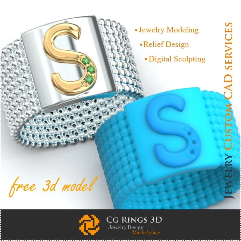 Ring With Letter S - Free 3D Jewelry Home, Jewelry 3D CAD, Free 3D Jewelry, Rings 3D CAD , Wedding Bands 3D, Eternity Bands 3D,