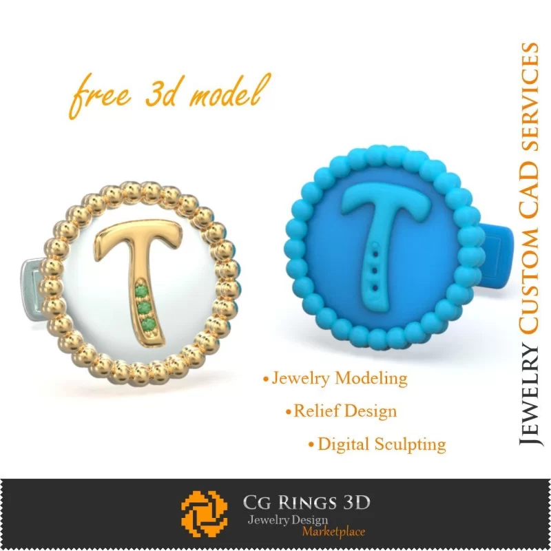 Cufflinks With Letter T - Free 3D CAD Jewelry Home, Jewelry 3D CAD, Free 3D Jewelry, Cufflinks 3D CAD , 3D Whale Back Closure C