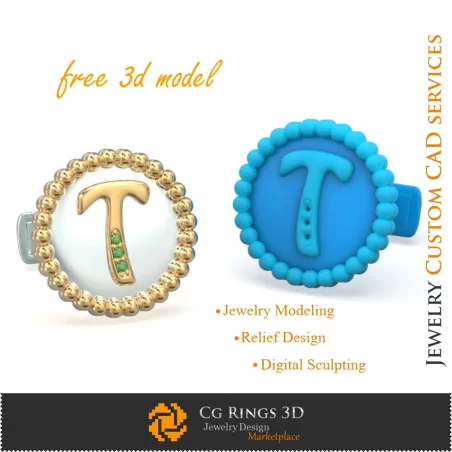 Cufflinks With Letter T - Free 3D CAD Jewelry Home, Jewelry 3D CAD, Free 3D Jewelry, Cufflinks 3D CAD , 3D Whale Back Closure C