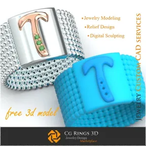 Anillo con letra T - Casa de joyería 3D gratis, Joyería 3D CAD, Joyería 3D gratuita, Anillos 3D CAD, Alianzas de boda 3D,