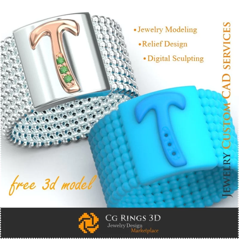 Ring With Letter T - Free 3D Jewelry Home, Jewelry 3D CAD, Free 3D Jewelry, Rings 3D CAD , Wedding Bands 3D, Eternity Bands 3D,