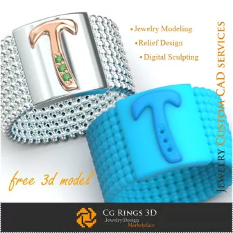 Anello con lettera T - Free 3D Jewelry Home, Jewelry 3D CAD, Free 3D Jewelry, Rings 3D CAD, Wedding Bands 3D, Eternity Bands 3D