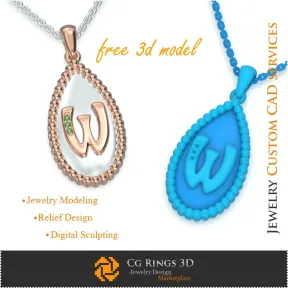 Pendant With Letter W - Free 3D CAD Jewelry Home, Bijoux 3D CAO, Bijoux 3D Gratuits, Pendentifs 3D CAO, Pendentifs Lettre 3D, Pe