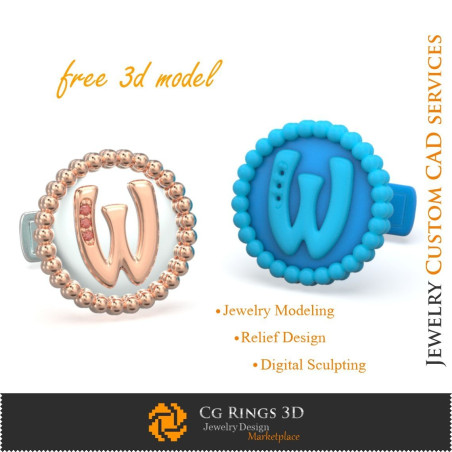 Cufflinks With Letter W - Free 3D CAD Jewelry Home,  Jewelry 3D CAD, Free 3D Jewelry, Cufflinks 3D CAD , 3D Whale Back Closure C