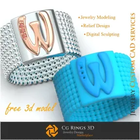 Inel cu Litera W - Bijuterii 3D Gratuite Home, Bijuterii 3D , Bijuterii Gratuite 3D, Inele 3D CAD, Verighete 3D, Inele Prieteni 