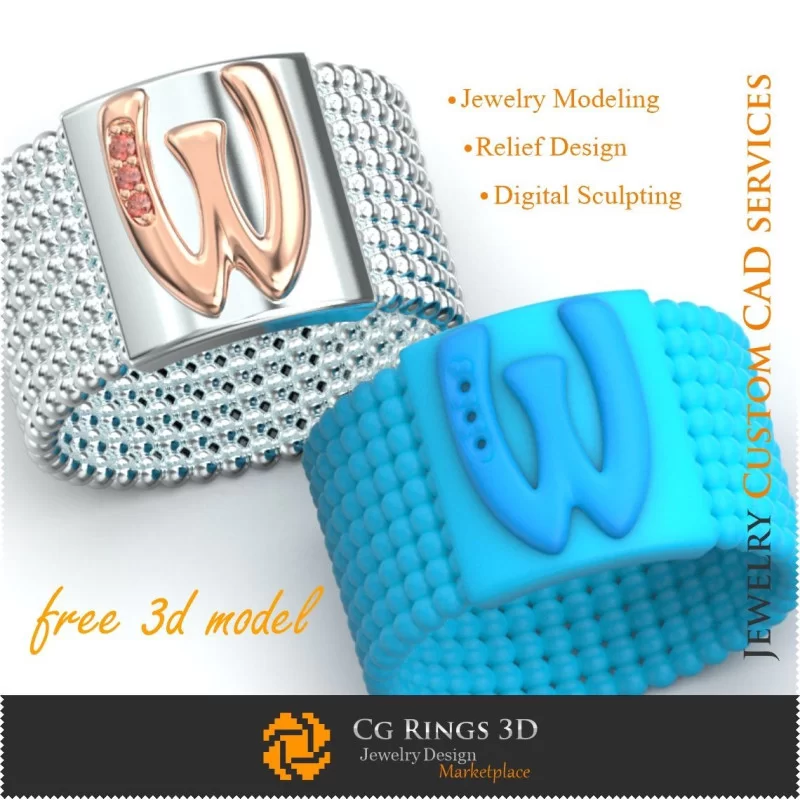 Inel cu Litera W - Bijuterii 3D Gratuite Home, Bijuterii 3D , Bijuterii Gratuite 3D, Inele 3D CAD, Verighete 3D, Inele Prieteni 