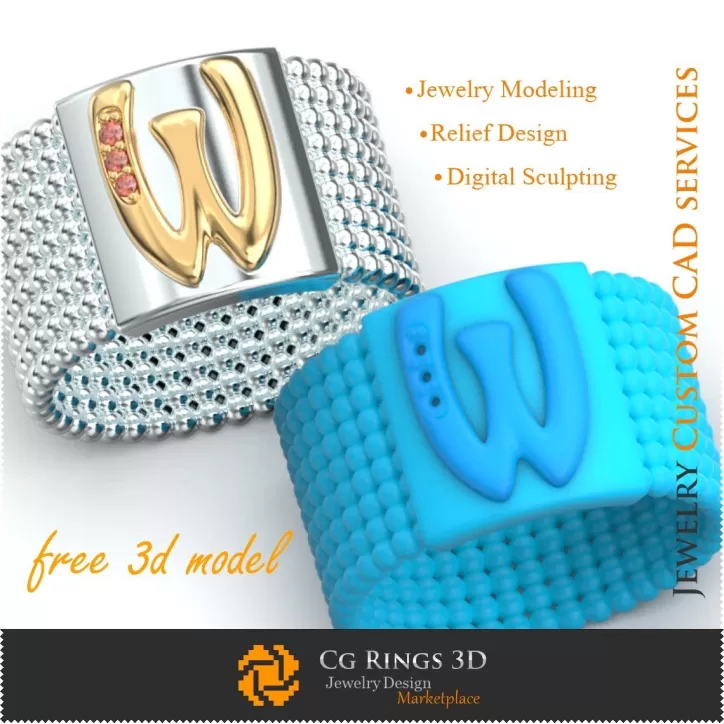 Ring mit Buchstabe W - Kostenlose 3D-Schmuckvorlage