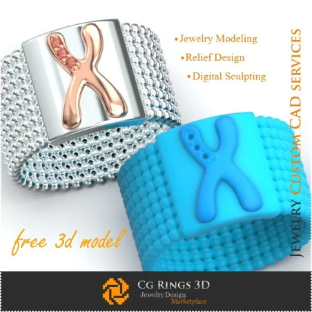 Ring With Letter X - Free 3D Jewelry Home, Jewelry 3D CAD, Free 3D Jewelry, Rings 3D CAD , Wedding Bands 3D, Eternity Bands 3D,