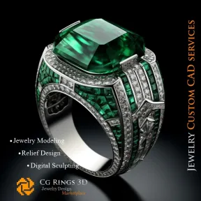 Ring With Emerald and Diamonds - 3D CAD Jewelry  Home, AI - Jewelry 3D CAD , AI - Rings 3D CAD , AI - 3D CAD Jewelry Melody of C