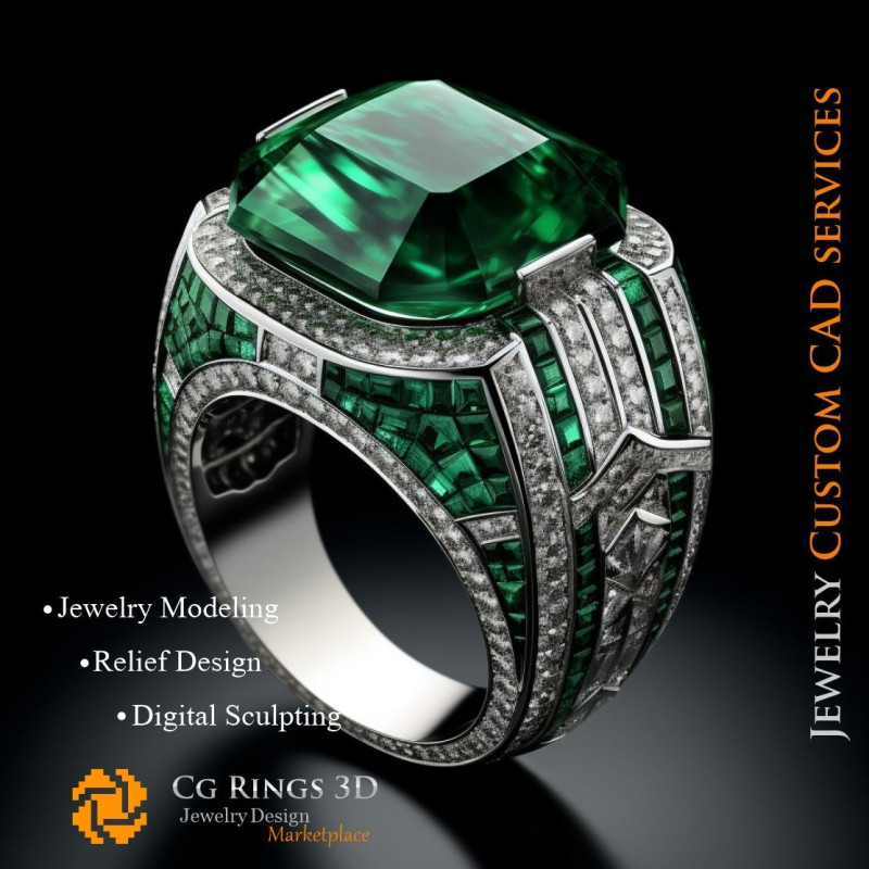 Ring With Emerald and Diamonds - 3D CAD Jewelry  Home, AI - Jewelry 3D CAD , AI - Rings 3D CAD , AI - 3D CAD Jewelry Melody of C