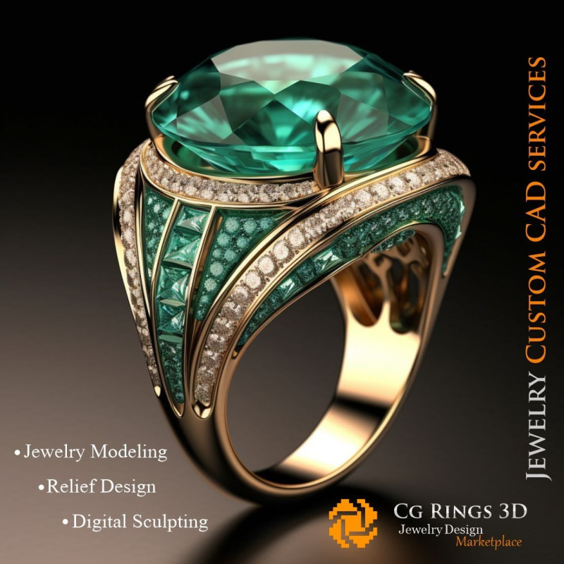 Bague avec émeraude et diamants - Bijoux CAO 3D Home, AI - Bijoux 3D CAO, AI - Anneaux 3D CAO , AI - Bijoux 3D CAO Mélodie des C