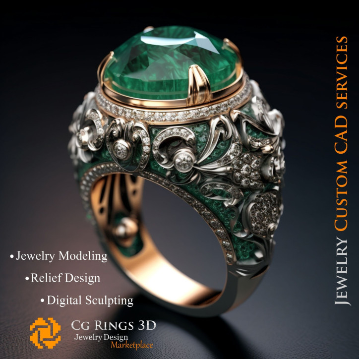 Ring With Emerald and Diamonds - 3D CAD Jewelry