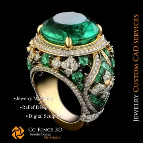 Ring With Emerald and Diamonds - 3D CAD Jewelry Home, AI - Jewelry 3D CAD , AI - Rings 3D CAD 