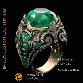 Ring mit Smaragd und Diamanten - 3D-CAD-Schmuck Zuhause, KI - Schmuck 3D-CAD, KI - Ringe 3D-CAD