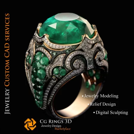 Ring With Emerald and Diamonds - 3D CAD Jewelry Home, AI - Jewelry 3D CAD , AI - Rings 3D CAD 