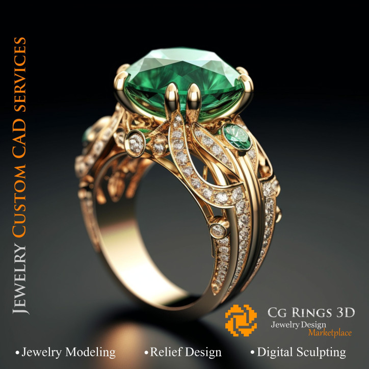 Ring With Emerald and Diamonds - 3D CAD Jewelry