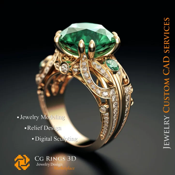 Ring With Emerald and Diamonds - 3D CAD Jewelry