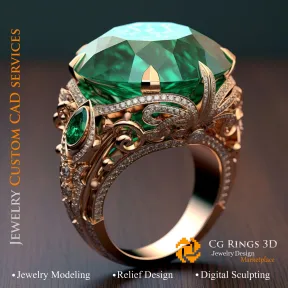 Bague avec émeraude et diamants - Bijoux CAO 3D Home, AI - Bijoux 3D CAO, AI - Anneaux 3D CAO 