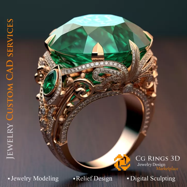 Anello con Smeraldo e Diamanti - 3D CAD Gioielli