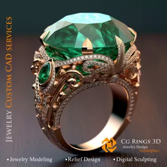Ring mit Smaragd und Diamanten - 3D-CAD Schmuck Zuhause, KI - Schmuck 3D-CAD, KI - Ringe 3D-CAD