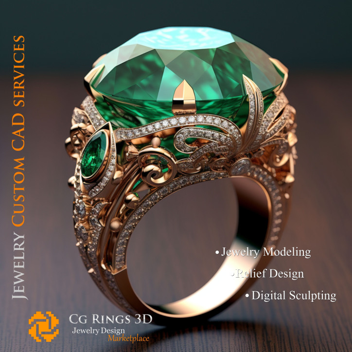 Ring With Emerald and Diamonds - 3D CAD Jewelry