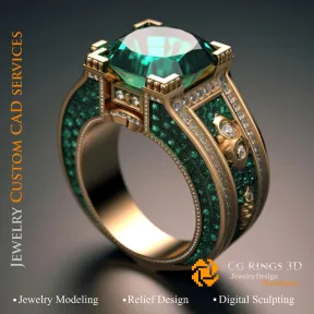 Bague avec émeraude et diamants - Bijoux CAO 3D Home, AI - Bijoux 3D CAO, AI - Anneaux 3D CAO 