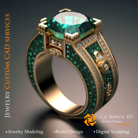 Bague avec émeraude et diamants - Bijoux CAO 3D Home, AI - Bijoux 3D CAO, AI - Anneaux 3D CAO 