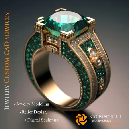 Ring With Emerald and Diamonds - 3D CAD Jewelry