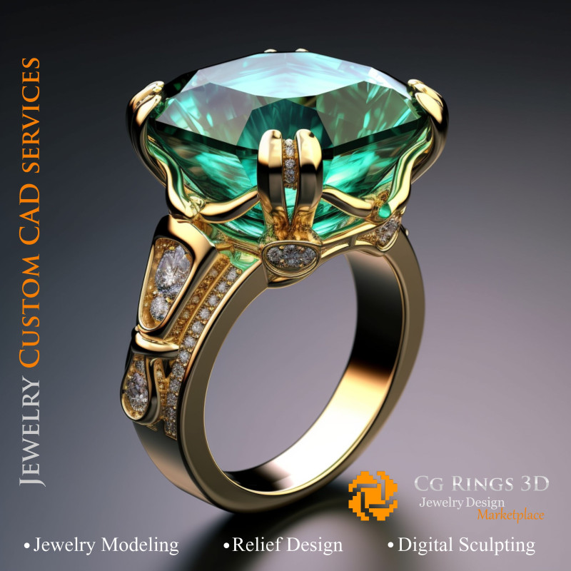 Bague avec émeraude et diamants - Bijoux CAO 3D Home, AI - Bijoux 3D CAO, AI - Anneaux 3D CAO 