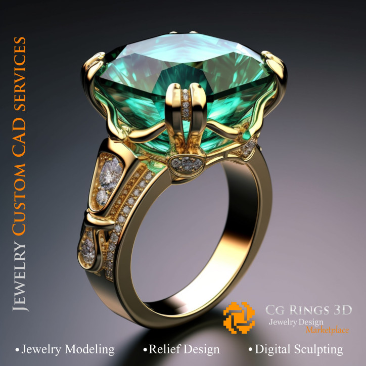 Ring With Emerald and Diamonds - 3D CAD Jewelry