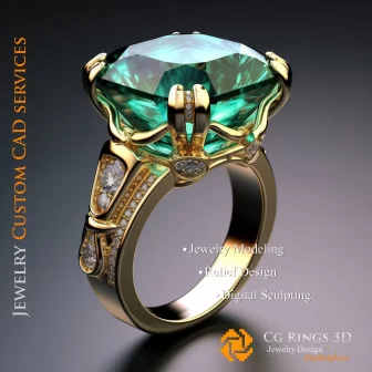 Bague avec émeraude et diamants - Bijoux CAO 3D Home, AI - Bijoux 3D CAO, AI - Anneaux 3D CAO 