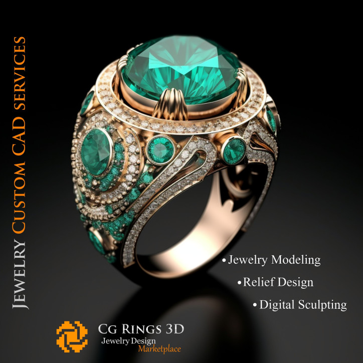 Ring With Emerald and Diamonds - 3D CAD Jewelry