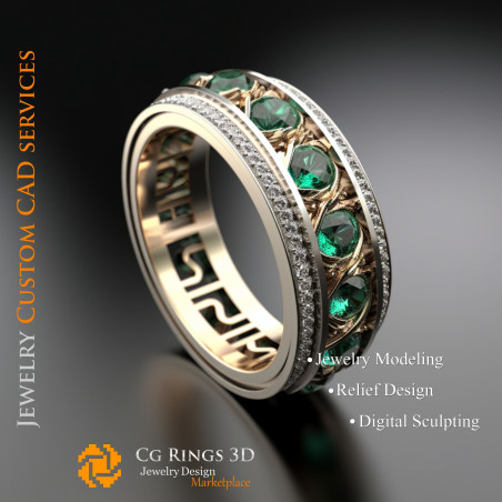 Ring With Emerald and Diamonds - 3D CAD Jewelry