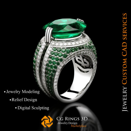 Ring With Emerald and Diamonds - 3D CAD Jewelry Home, AI - Jewelry 3D CAD , AI - Rings 3D CAD 