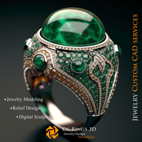 Ring With Emerald and Diamonds - 3D CAD Jewelry Home, AI - Jewelry 3D CAD , AI - Rings 3D CAD 