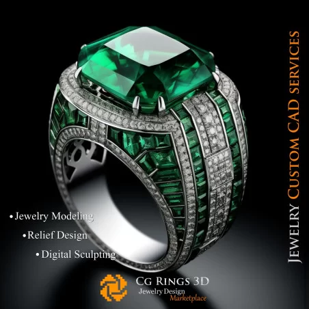 Ring mit Smaragd und Diamanten - 3D-CAD-Schmuck Zuhause, KI - Schmuck 3D-CAD, KI - Ringe 3D-CAD