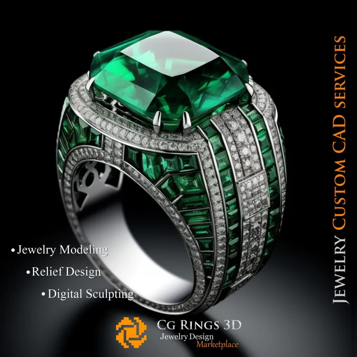 Ring With Emerald and Diamonds - 3D CAD Jewelry