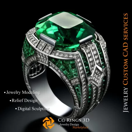 Ring With Emerald and Diamonds - 3D CAD Jewelry Home, AI - Bijoux 3D CAO, AI - Anneaux 3D CAO 