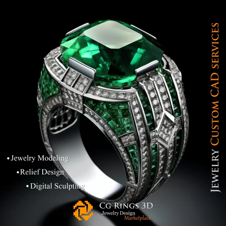 Anillo con esmeralda y diamantes - 3D CAD Joyería