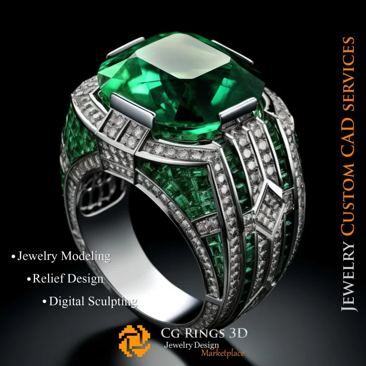 Ring With Emerald and Diamonds - 3D CAD Jewelry