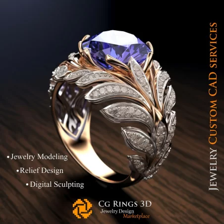 Bague avec Saphir et Diamants - Bijoux 3D CAO Home, AI - Bijoux 3D CAO, AI - Anneaux 3D CAO 