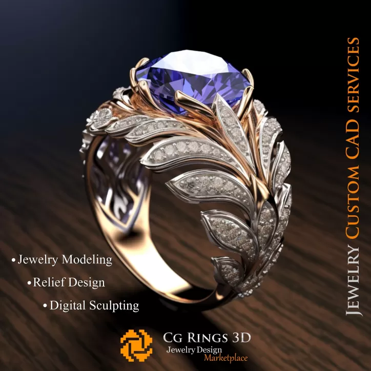 Anillo con zafiro y diamantes - CAD 3D Joyería